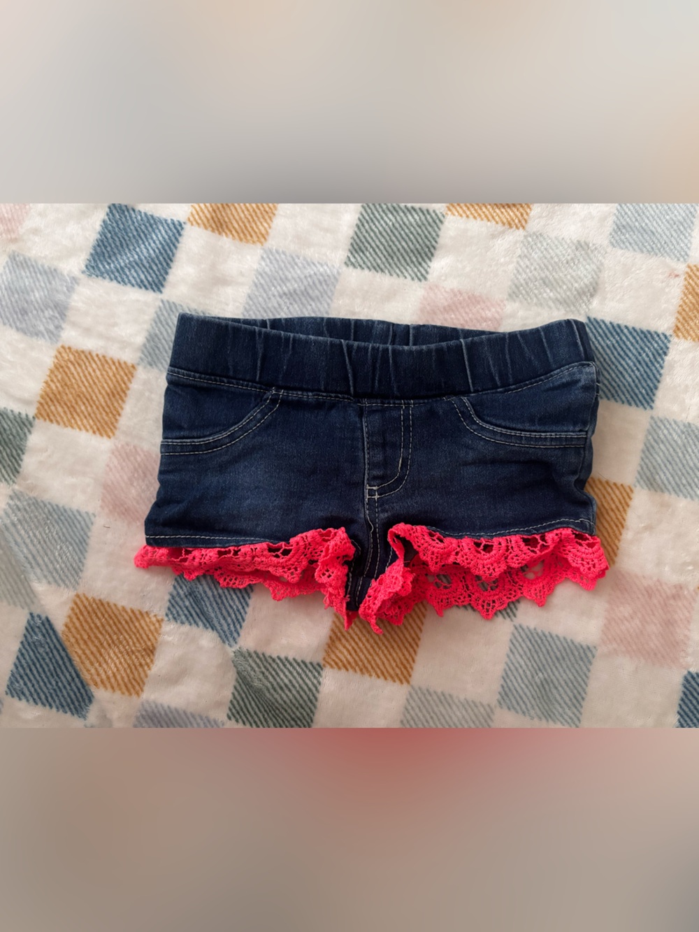 Girls Dark Denim Shorts with Hot Pink Crochet Trim